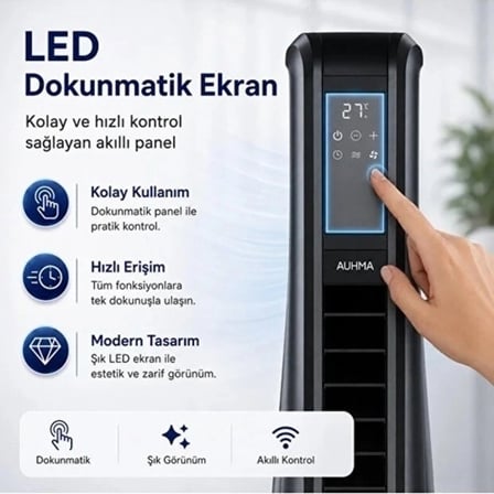Turbo Smart Akıllı Fan Led Ekranlı Kumandalı 90° Hareketli Serinletici Soğutucu Kule Tipi Vantilatör