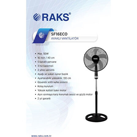 Raks SF 16 Eco Salınım Özellikli 50 W Ayaklı Vantilatör