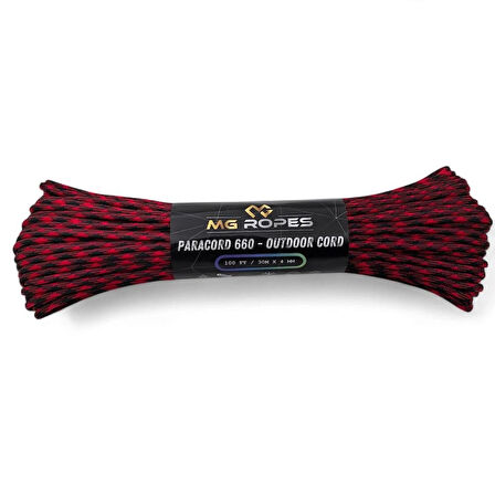 Polyester Paracord İp 660 Lb 4 mm Kırmızı Siyah 30 Metre