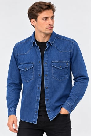 Report Uzun Kol Slim Fit Erkek Jean Gömlek - 7783