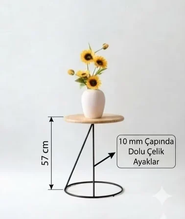 Yuvarlak Bambu Tablalı Metal Ayaklı C Sehpa Natural Siyah (41x41x57 cm)