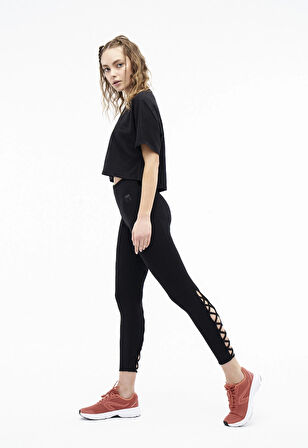 Siyah Fitilli Criss Cross Detaylı Yüksek Bel Spor Tayt