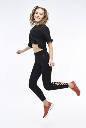 Siyah Fitilli Criss Cross Detaylı Yüksek Bel Spor Tayt