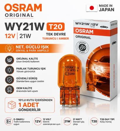 OSRAM Original T20 WY21W 12V 21W Turuncu Amber Cam Ampul Sinyal Ampulü 1 Adet