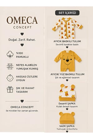 Winnie The Pooh Baskılı 2'li Bebek Tulum Seti Şapkalı