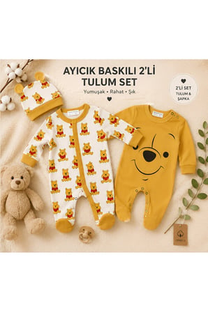 Winnie The Pooh Baskılı 2'li Bebek Tulum Seti Şapkalı