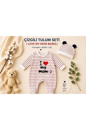 2'li Hastane Çıkışı Bebek Tulum Seti - Şapkalı I Love My Mom Baskılı
