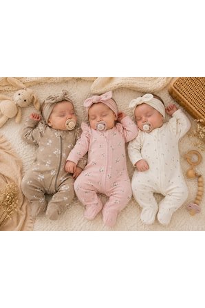 3'lü Kız Bebek Fermuarlı Patikli Tulum Seti %100 Pamuk