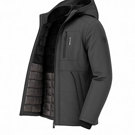 Outdoor Kapüşonlu Su Ve Rüzgar Geçirmez Kapitone İçi Kürklü Elyaf Dolgulu Softshell Mont