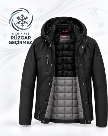 Furtex Rüzgar Geçirmez Erkek Kapüşonlu İçi Kapitone Mont - 7776