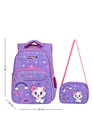 Lila Kedi Desenli Ortapedik Ilk Okul Çantası, Beslenme Çantalı