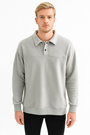 Erkek Oversize Uzun Kol Polo Yaka Sweatshırt-7099