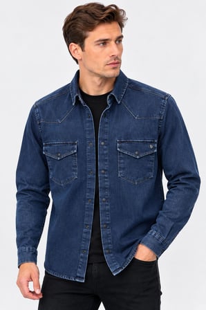 Report Uzun Kol Slim Fit Erkek Jean Gömlek - 7783