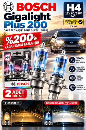 Bosch H4 Gigalight Plus 200 %200 Fazla Işık ECE R37 Trafik Onaylı Halojen Far Ampulü 2 Adet