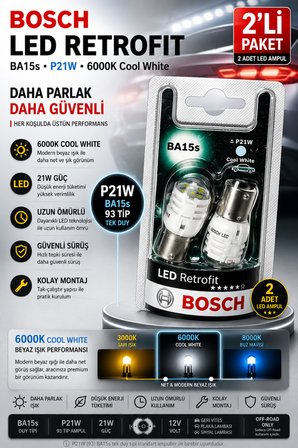 P21W 93 Tip BA15s LED Retrofit Ampul 6000K Cool White Beyaz Işık 2'li Paket