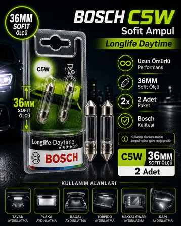Bosch C5W 36mm Sofit Ampul Longlife Daytime 2'li Set Uzun Ömürlü İç Aydınlatma Plaka Ampulü