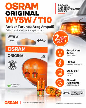 OSRAM Original WY5W T10 12V 5W Amber Turuncu Cam Sinyal Yan Sinyal Ampulü 2 Adet