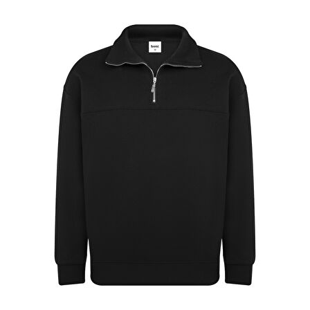 Unisex Relax Fit Rahat Kesim Pamuklu Yarım Fermuarlı Dik Yaka Sweatshirt