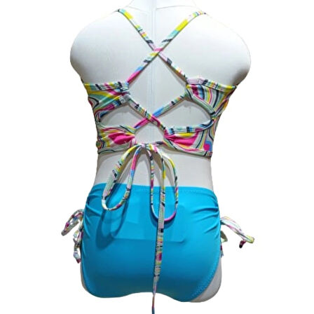 4-14 Yaş Kız Çocuk Bikini Dalgalı Ebru Desenli Turkuaz