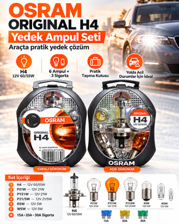 OSRAM Original H4 12V 60/55W Yedek Ampul Seti – 6 Ampul + 3 Sigorta, Taşıma Kutulu