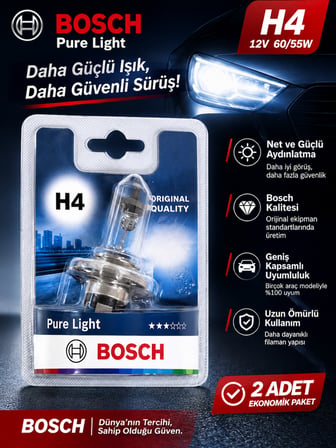 Bosch Pure Light H4 12V 60/55W Halojen Far Ampulü Orijinal Kalite 2 Adet Set