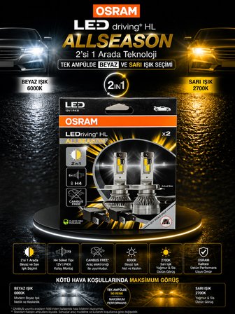 Osram H4 LEDriving Allseason Çift Renk (Sarı/Beyaz) LED Far Ampulü Canbus 12V 2'li
