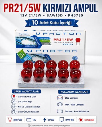 Photon PR21/5W Kırmızı Ampul 12V 21/5W BA15D Çift Devre Stop Fren Park Ampulü 10 Adet