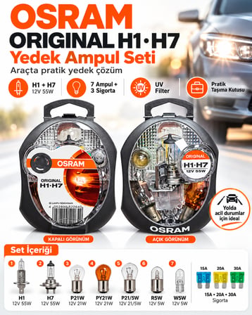OSRAM Original H1 H7 Yedek Ampul Seti 12V 55W – 7 Ampul + 3 Sigorta, Taşıma Kutulu