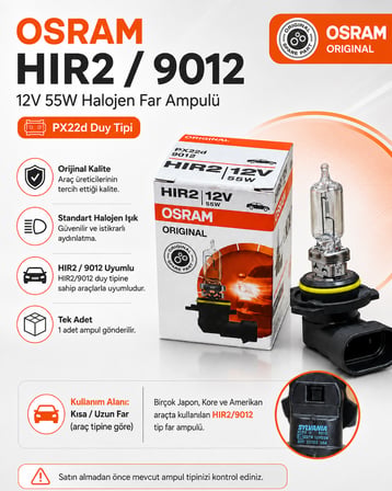 OSRAM HIR2 9012 12V 55W Halojen Far Ampulü PX22d Orijinal Kalite Tek Adet
