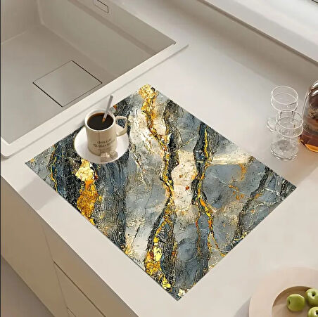 55 CM x 45 CM GRİ ALTIN MERMER TASARIMI TEZGAH ÜSTÜ BULAŞIK KURUTMA MATI BULAŞIKLIK KURUTMA ÖRTÜSÜ