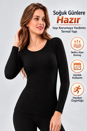 Kadın Termal Üst Fanila (Tutku Yetkili Satıcısı) Siyah 1 Adet - Kışlık İçlik Esnek ve Rahat