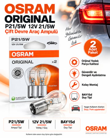 OSRAM P21/5W BAY15d 12V 21/5W Çift Devre Stop Fren Park Araç Ampulü 2 Adet