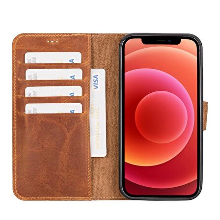 Apple iPhone 12 Uyumlu Deri Cüzdanlı Kılıf G19 Taba