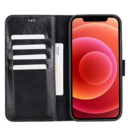 Apple iPhone 12 Pro Max Uyumlu Deri Cüzdanlı Kılıf RST1 Siyah