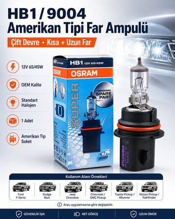 OSRAM HB1 9004 Amerikan Tipi Far Ampulü 12V 65/45W Çift Devre Kısa Uzun Far Ampulü