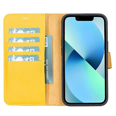 Apple iPhone 13 Uyumlu Deri Cüzdanlı Kılıf Limon Sarı