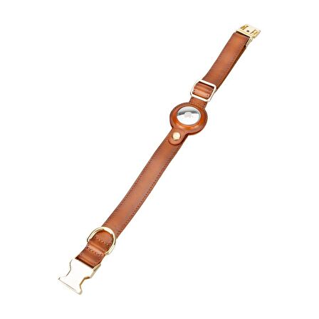 Gerçek Deriden El Yapımı Köpek Tasması, Apple AirTag Uyumlu Yuva, 50cm Ayarlanabilir Ölçü, Taba