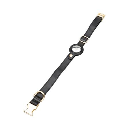 Gerçek Deriden El Yapımı Köpek Tasması, Apple AirTag Uyumlu Yuva, 50cm Ayarlanabilir Ölçü, Parlak Siyah