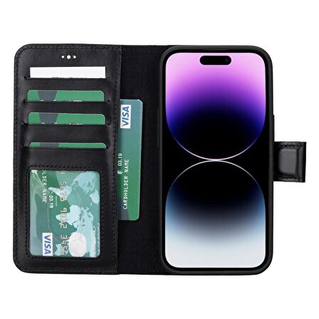 Apple iPhone 15 Uyumlu Deri Cüzdanlı Kılıf MWWN RST1 Siyah