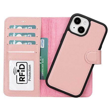 Apple iPhone 15 Uyumlu Deri Cüzdanlı Kılıf MWWN NU2 Pembe