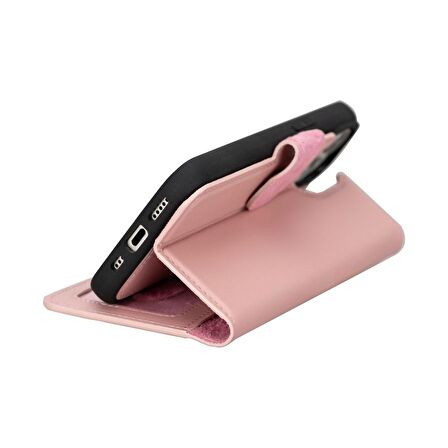 Apple iPhone 15 Uyumlu Deri Cüzdanlı Kılıf MWWN NU2 Pembe