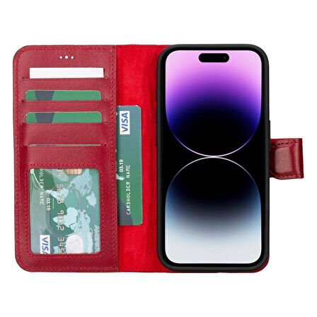 Apple iPhone 15 Pro Uyumlu Deri Cüzdanlı Kılıf MWWN V4EF Kırmızı