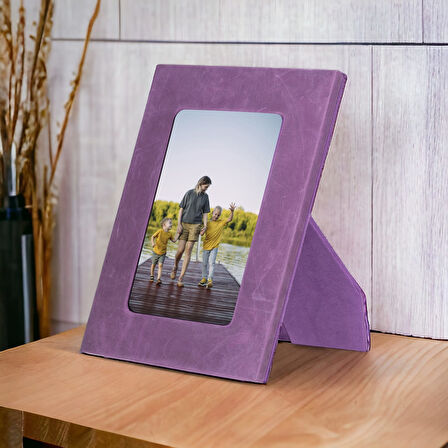 Gerçek Deri Masaüstü Fotoğraf Çerçevesi, 22x17cm (15x10 foto) Antik Mor