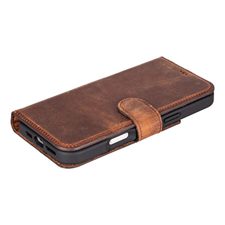 Apple iPhone 16 Pro Max uyumlu, Hakiki Deri, El Yapımı, Cüzdanlı Kılıf, Antik Kahve