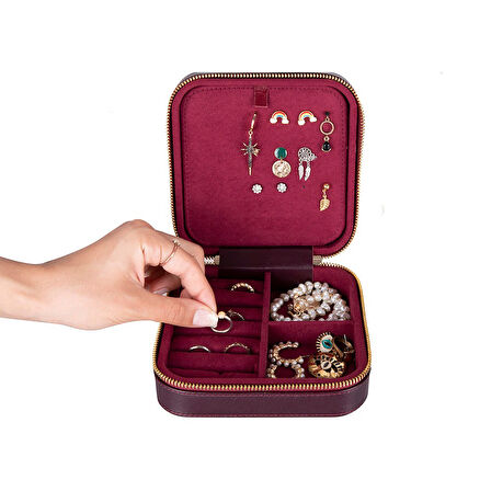 Gerçek Deri Seyahat Boy Takı Organizer Kutusu, Mücevher Aksesuar Çantası, Küpe Kolye Yüzük Düzenleyici