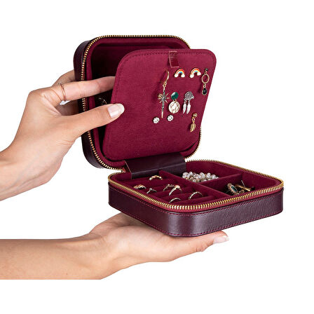 Gerçek Deri Seyahat Boy Takı Organizer Kutusu, Mücevher Aksesuar Çantası, Küpe Kolye Yüzük Düzenleyici