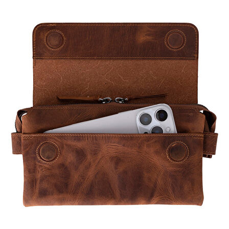 Prestige Hakiki Deri, El Yapımı, Telefon Bölmeli, Erkek El Çantası, Antik Kahve