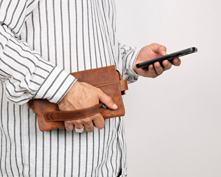 Prestige Hakiki Deri, El Yapımı, Telefon Bölmeli, Erkek El Çantası, Antik Kahve