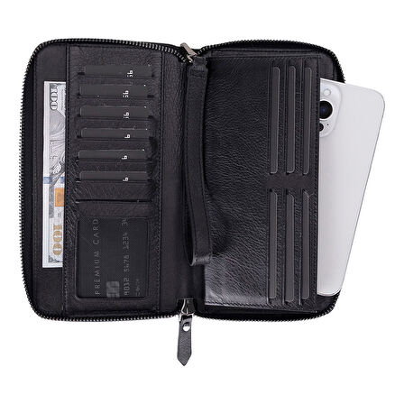 Aristo Hakiki Deri, El Yapımı, Telefon Bölmeli, Erkek El Çantası, Kömür Siyah