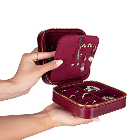Gerçek Deri Seyahat Boy Takı Organizer Kutusu, Mücevher Aksesuar Çantası, Küpe Kolye Yüzük Düzenleyici